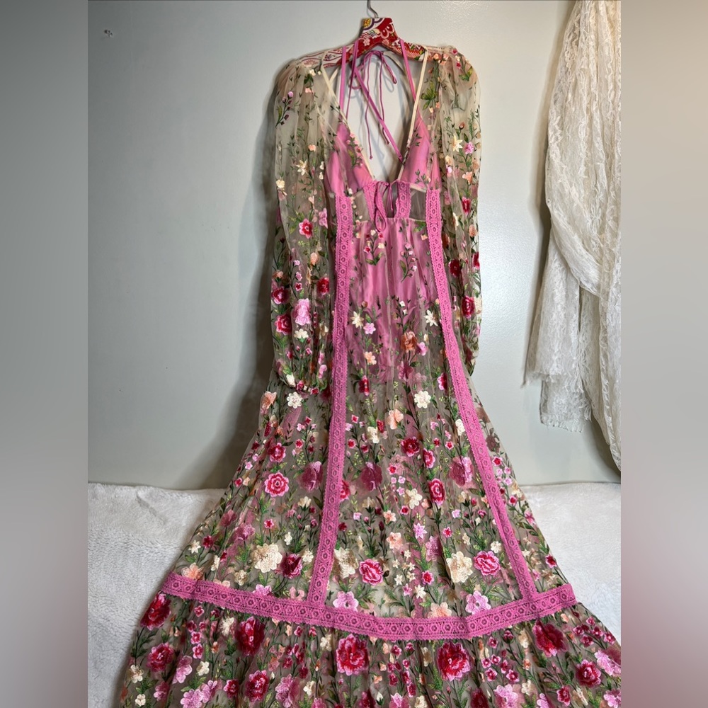 For Love & Lemons Luna Embroidered Bouquet Floral Maxi Dress M - Picture 5 of 10